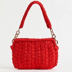 H&M Red Crochet Jersey Shoulder Bag Woven Gold Chain Strap